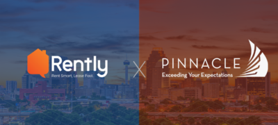 Seattle skyline showing rental buildings with the Rently and pinnacle logos symbolizing their partnership