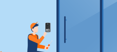 Digital Illustration of a technician installing an Access Panel with Intercom