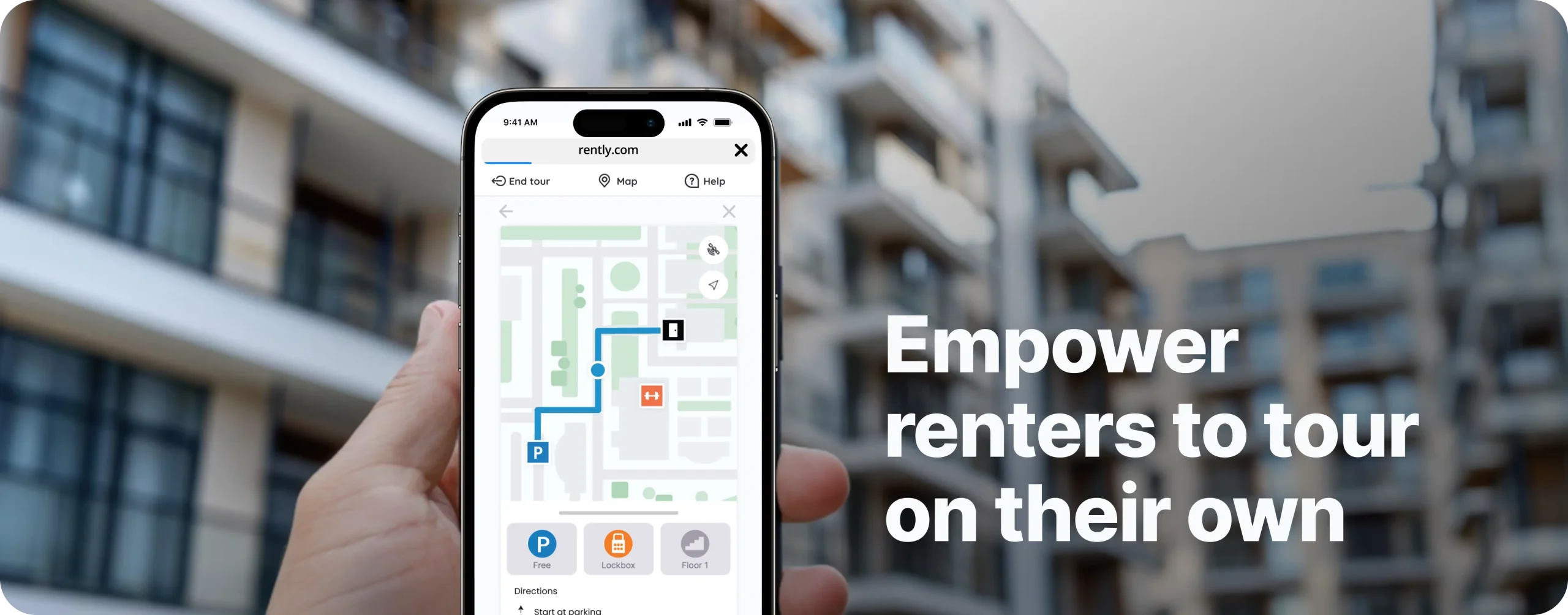 phone with a Rently Wayfinding map wit text that says "empower renters to tour on their own"