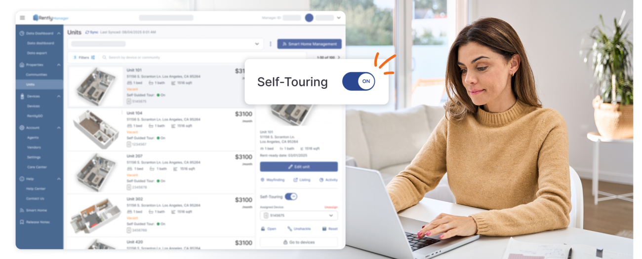 Photo of woman at desk with overlay of Rently Manager Portal UI showing the self-touring toggle on