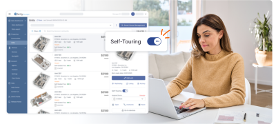 Photo of woman at desk with overlay of Rently Manager Portal UI showing the self-touring toggle on