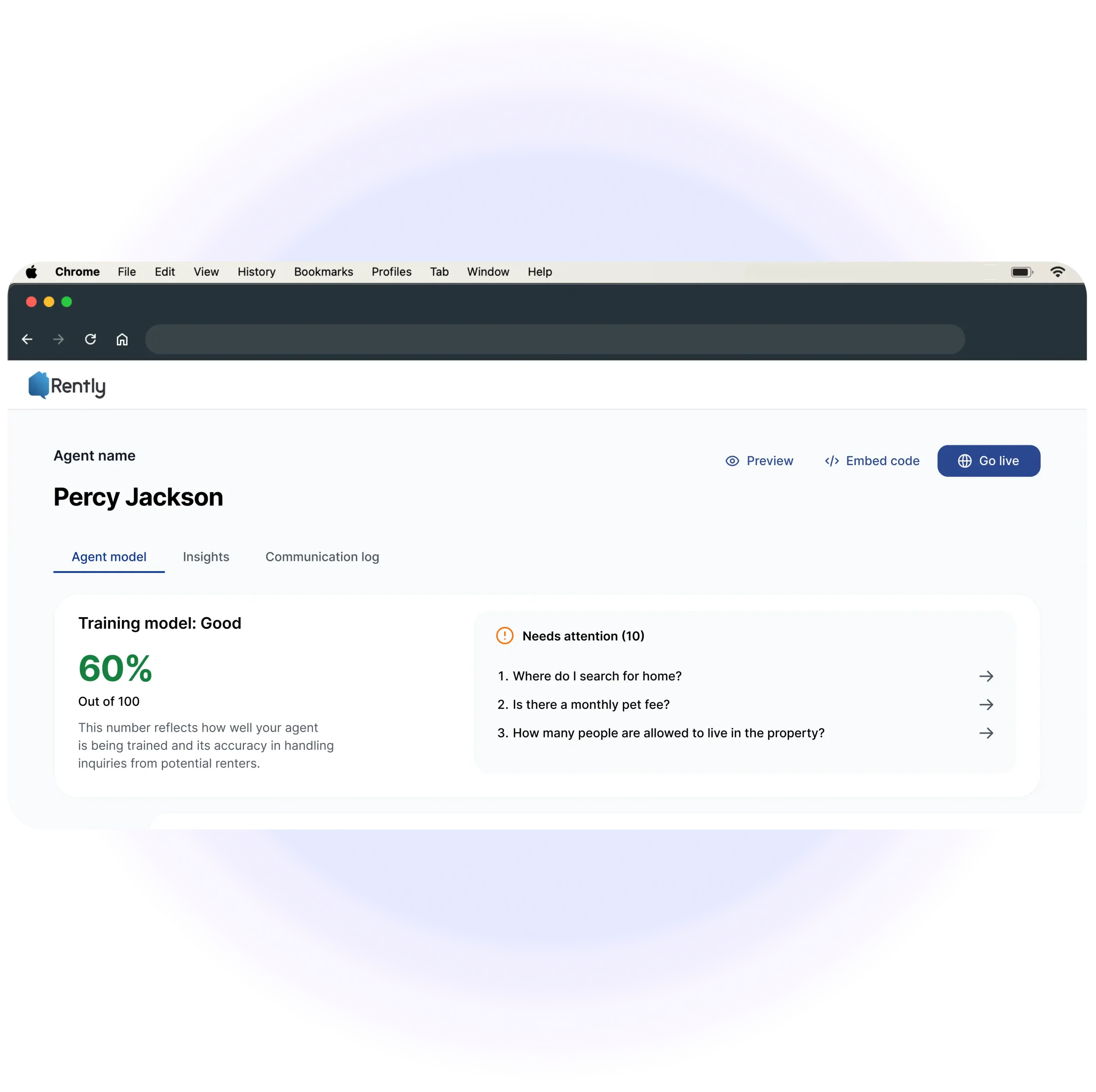 Rently AI leasing agent setup dashboard