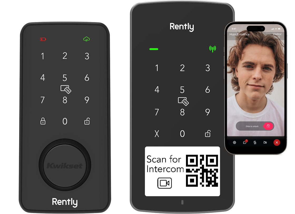 Rently access control hardware — smart lock, access panel, and video intercom