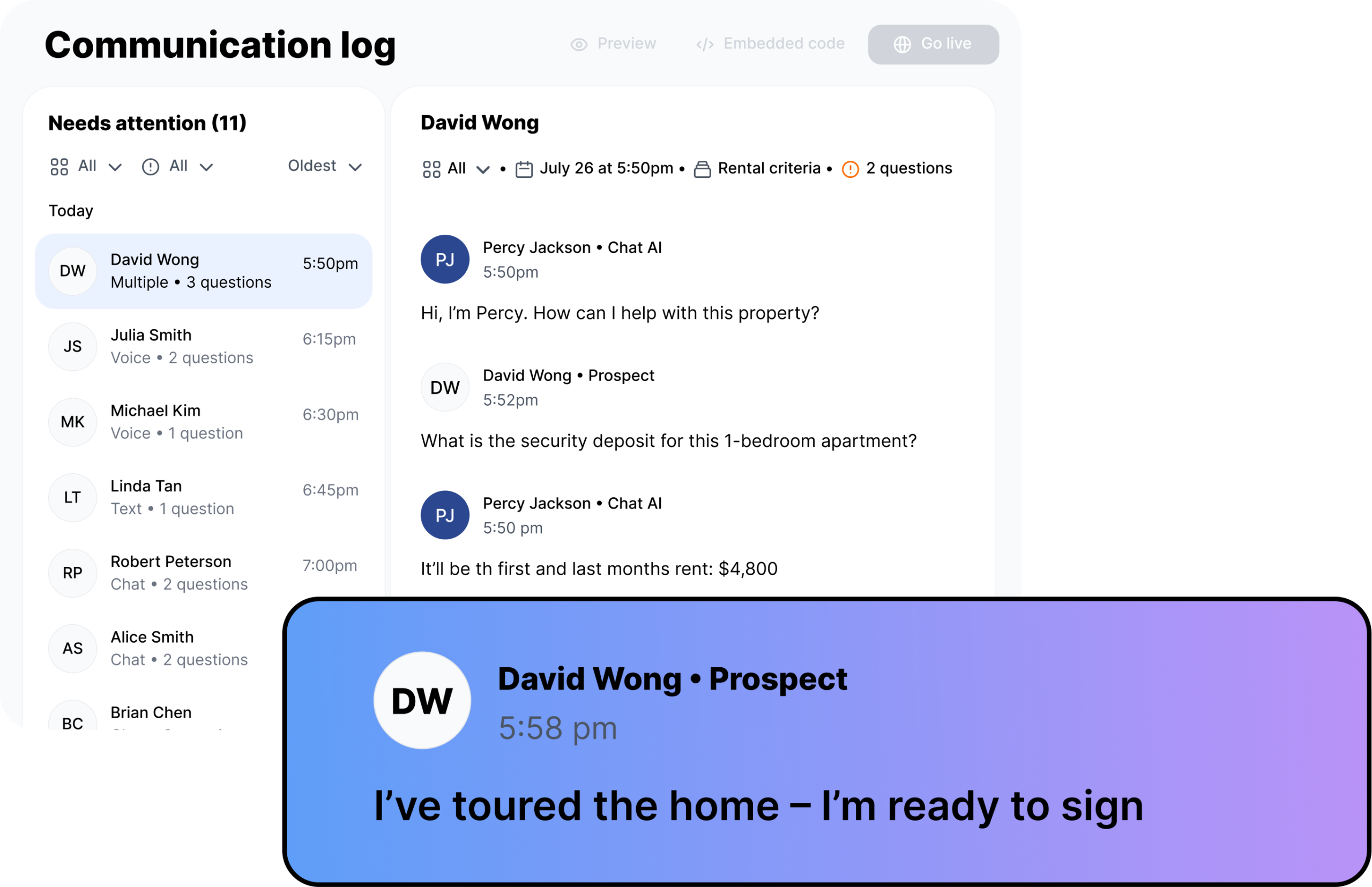 Rently communication log showing multi-channel prospect conversations