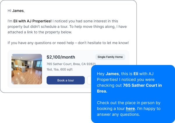 Ria AI leasing agent sending personalized outreach via email and SMS