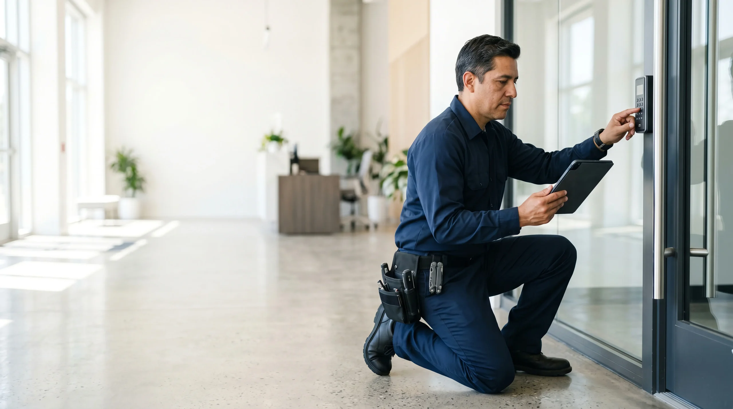 Rently technician installing a smart access control panel on a commercial glass door