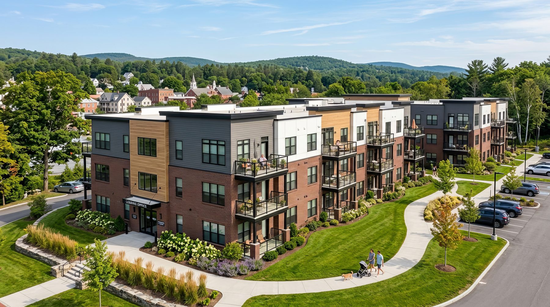 Modern multifamily apartment community with residents walking outdoors